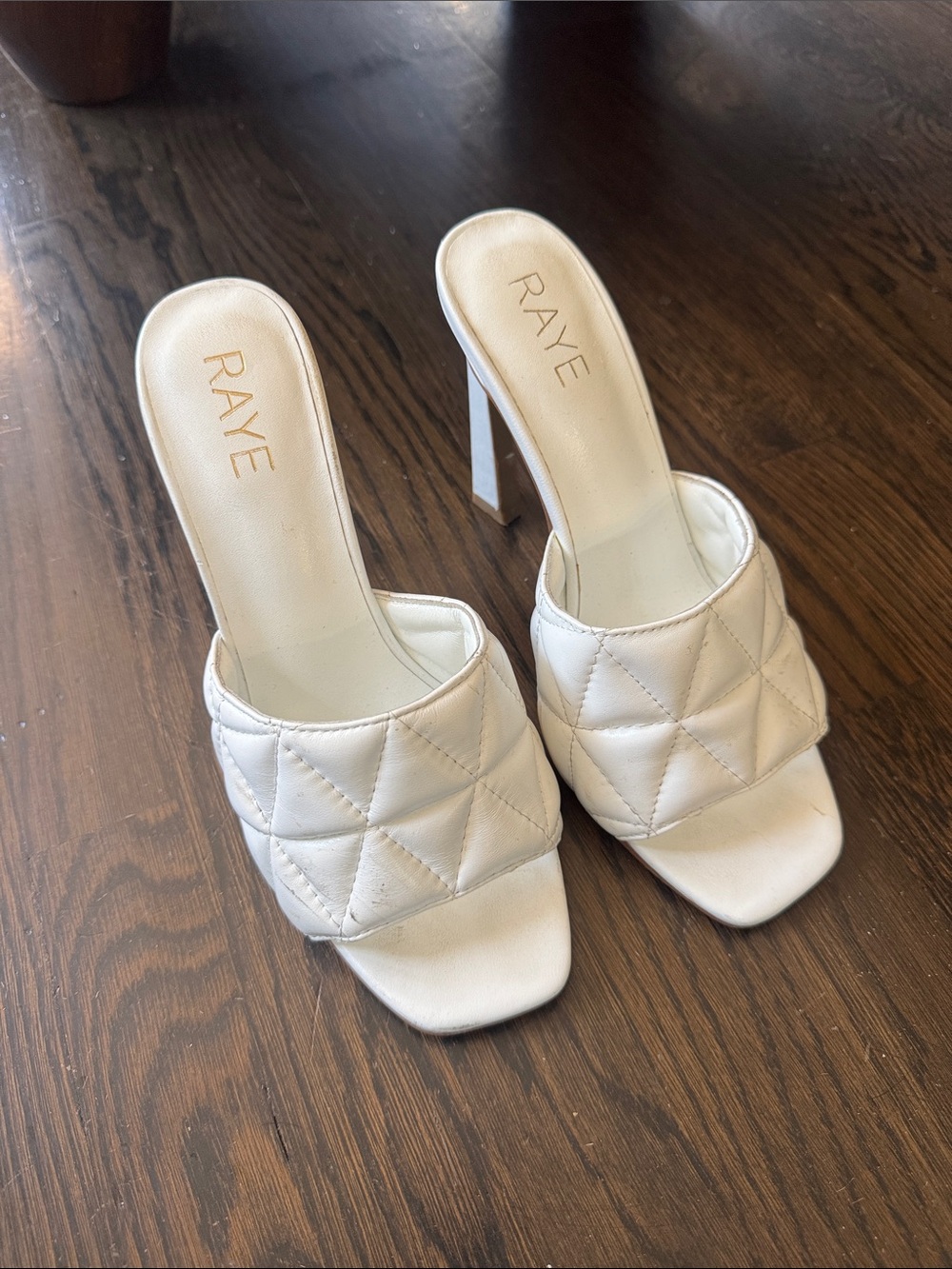 RAYE Quilted White Slide Heels